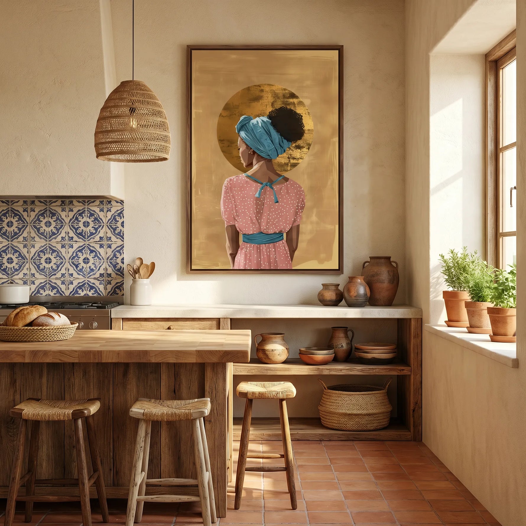 Melanin queen canvas in kitchen with Mediterranean kitchen, blue tile backsplash, terracotta floor, clay pots. Digital mockup.