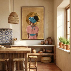 African American kitchen canvas in Mediterranean kitchen with woven basket pendant, Black woman with gold halo, oil painting. Digital mockup.