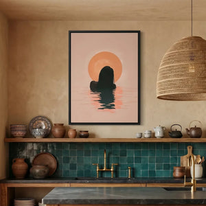 African American kitchen canvas in boho Mediterranean kitchen with teal subway tile, Black woman swimming at sunrise. Digital mockup.