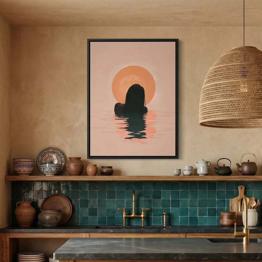 African American kitchen canvas in boho Mediterranean kitchen with teal subway tile, Black woman swimming at sunrise. Digital mockup.