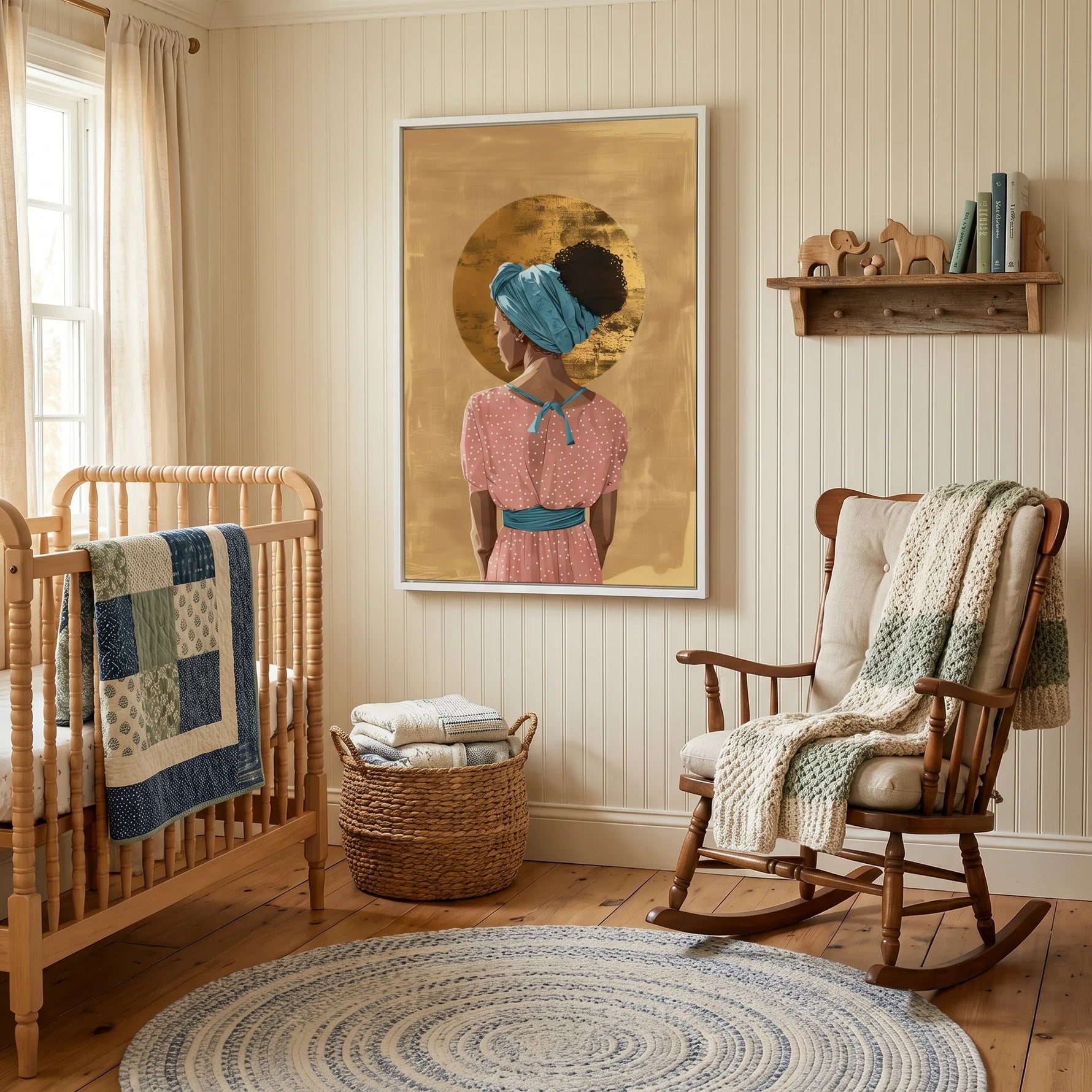 Afro boho living room art in nursery with vintage cottage nursery, spindle crib, quilt, rocking chair, beadboard. Digital mockup.