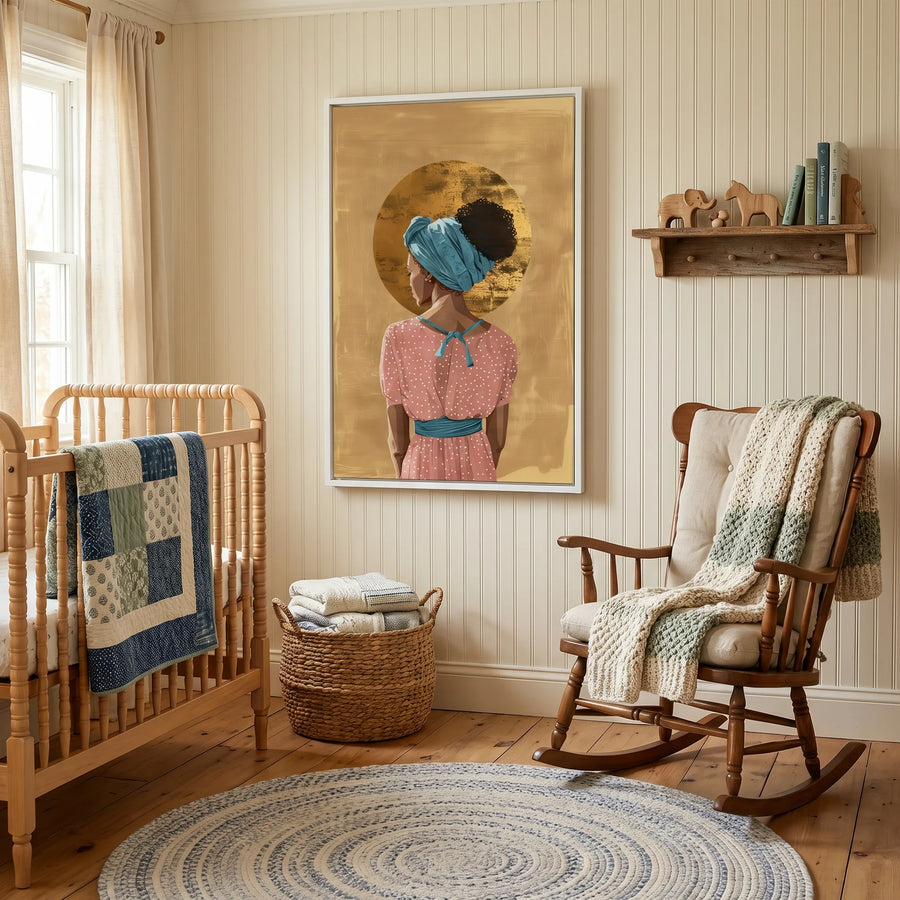 Afro boho living room art in nursery with vintage cottage nursery, spindle crib, quilt, rocking chair, beadboard. Digital mockup.