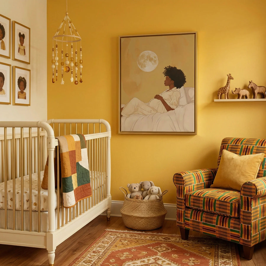 Boho Black girl wall art in nursery with Sunny yellow nursery with white crib, kente print armchair, bead mobile, wood animal. Digital mockup.