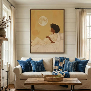 Black art for living room in farmhouse style with shiplap and brick fireplace, pregnant Black woman maternity art, watercolor. Digital mockup.