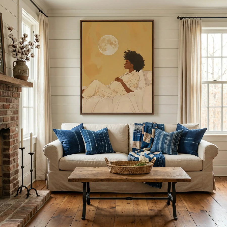 Afro boho living room art in living room with Farmhouse living room with shiplap wall, white sofa, indigo pillows and brick. Digital mockup.