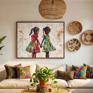 Melanin sisterhood wall art in boho living room with African baskets, two Black girl children holding hands quilt art. Digital mockup.