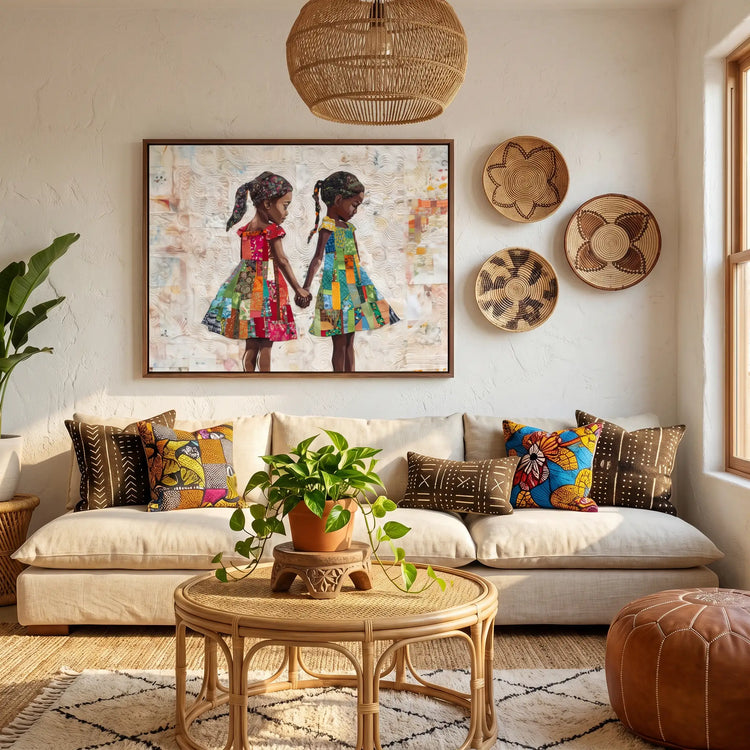 Afro boho living room art above Boho living room with African baskets and mudcloth pillows. Digital mockup.