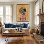 African American art with gold accents in living room with farmhouse shiplap, brick fireplace, white slipcover sofa, indigo. Digital mockup.