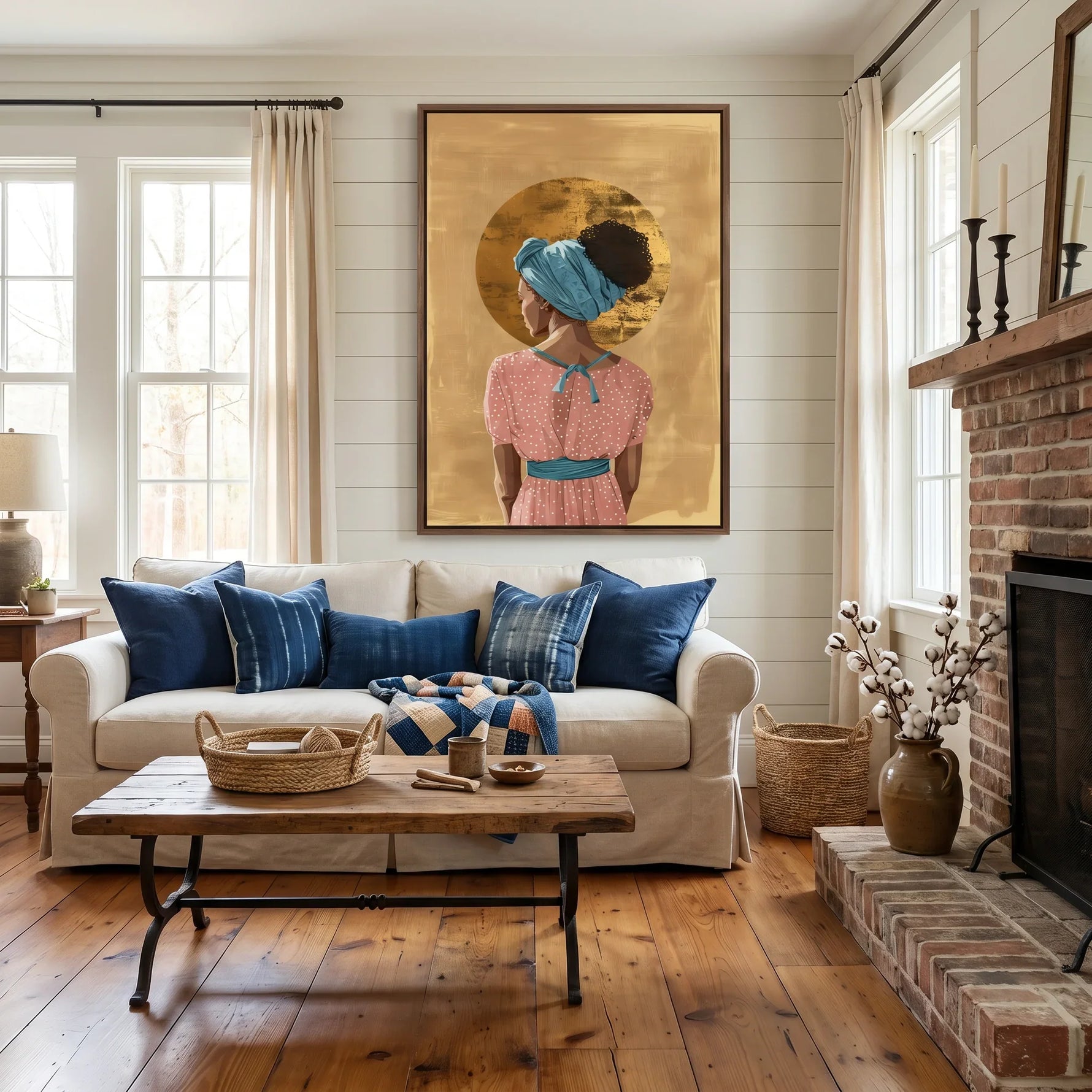 African American art with gold accents in living room with farmhouse shiplap, brick fireplace, white slipcover sofa, indigo. Digital mockup.