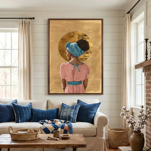 Black art for living room in farmhouse style with shiplap and brick fireplace, Black woman with gold crown halo, oil painting. Digital mockup.