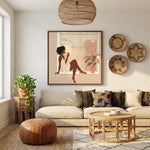 Afro boho living room art in living room with Afrocentric living room linen sofa rattan table African wall baskets kente. Digital mockup.