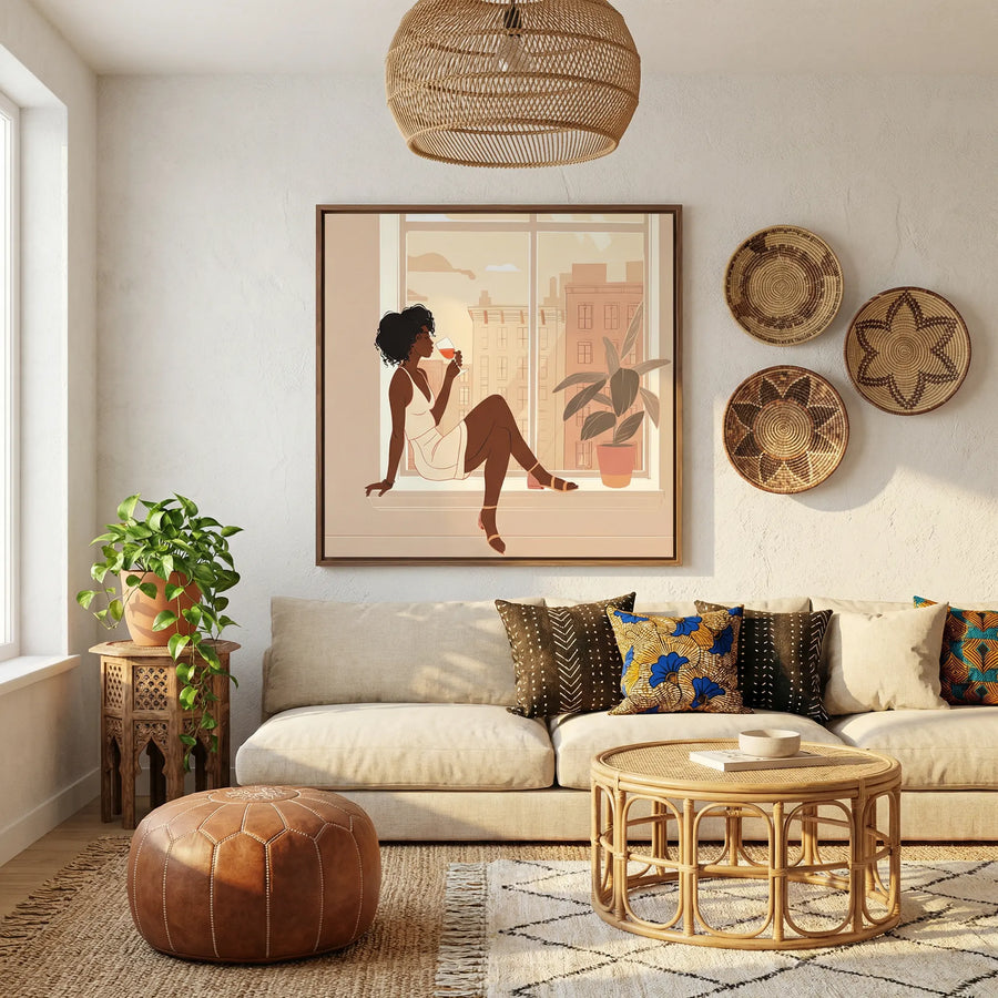 Afro boho living room art in living room with Afrocentric living room linen sofa rattan table African wall baskets kente. Digital mockup.