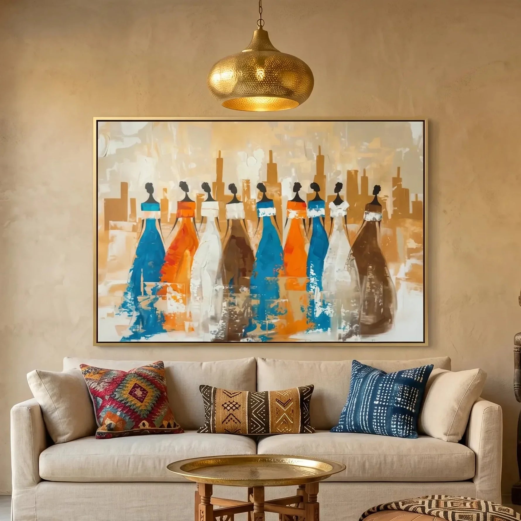 Modern African American art in Moroccan plaster living room with cream sofa, eight African women heritage silhouettes. Digital mockup.