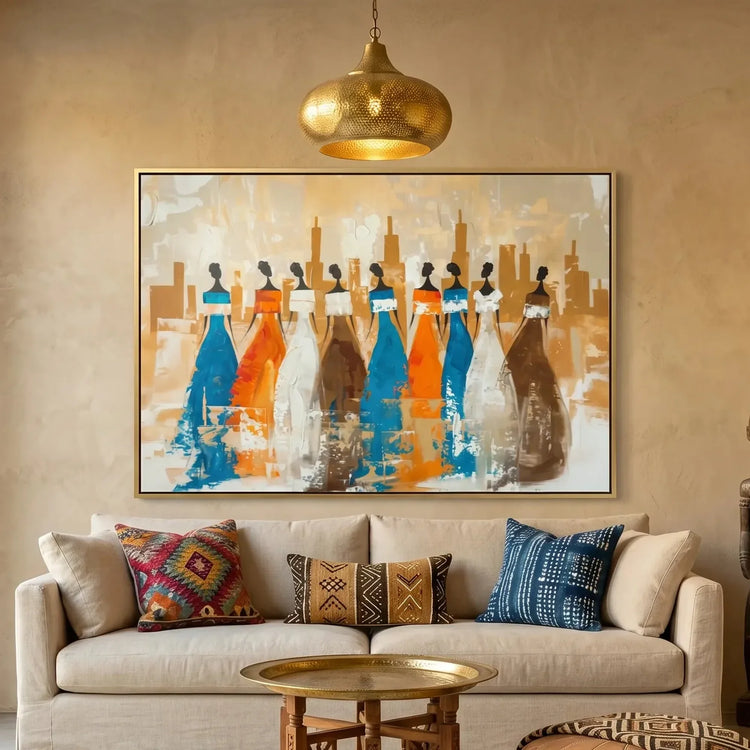 Modern African American art in Moroccan plaster living room with cream sofa, eight African women heritage silhouettes. Digital mockup.