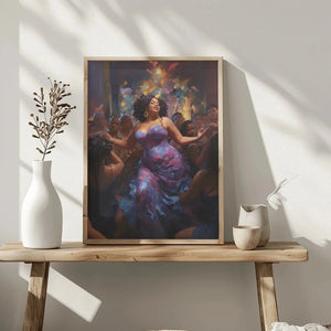 Confident Black woman office decor detail of artwork on rustic console with vases, curvy Black woman dancing in purple. Digital mockup.