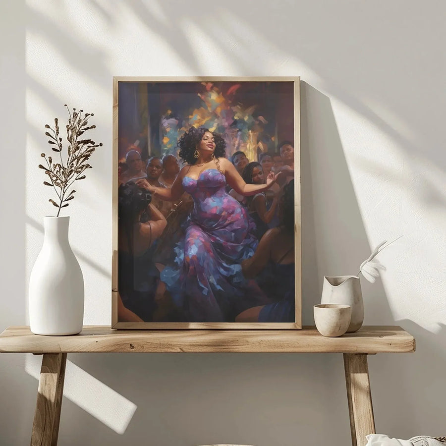 Confident Black woman office decor detail of artwork on rustic console with vases, curvy Black woman dancing in purple. Digital mockup.