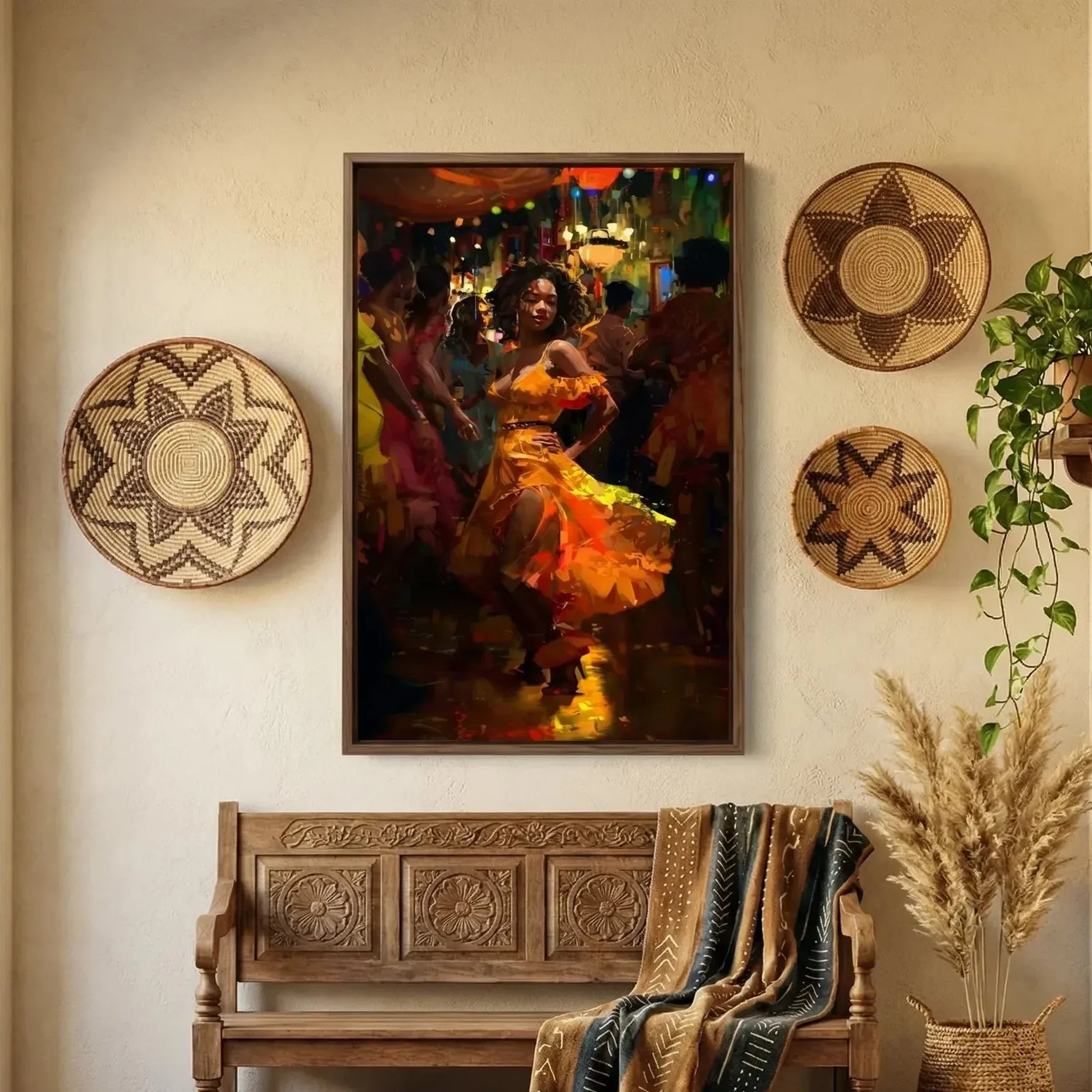 Afrohemian home decor wall art in boho hallway with woven African baskets, Black woman in orange dress dancing salsa. Digital mockup.
