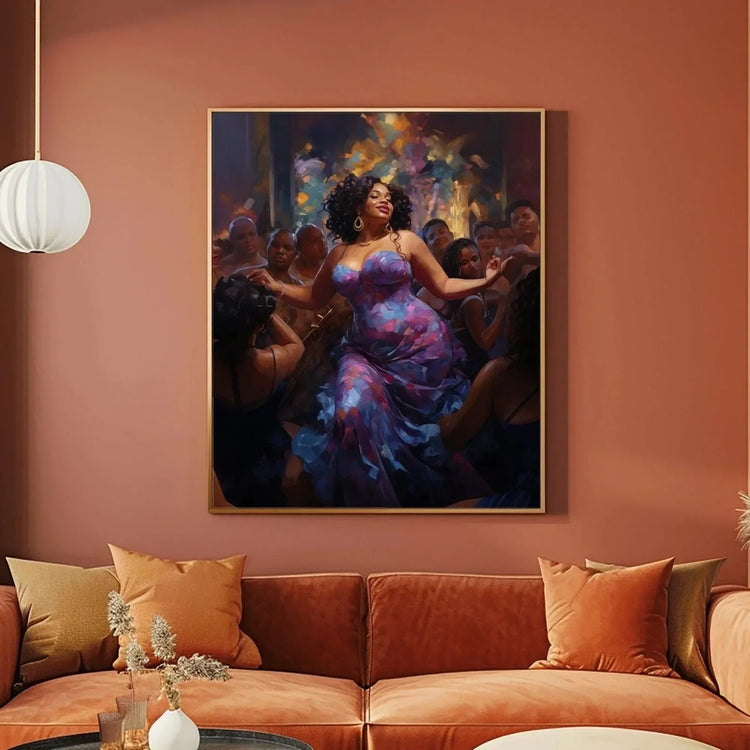 African American dance wall art in terracotta living room with rust velvet sofa, curvy Black woman dancing in purple. Digital mockup.