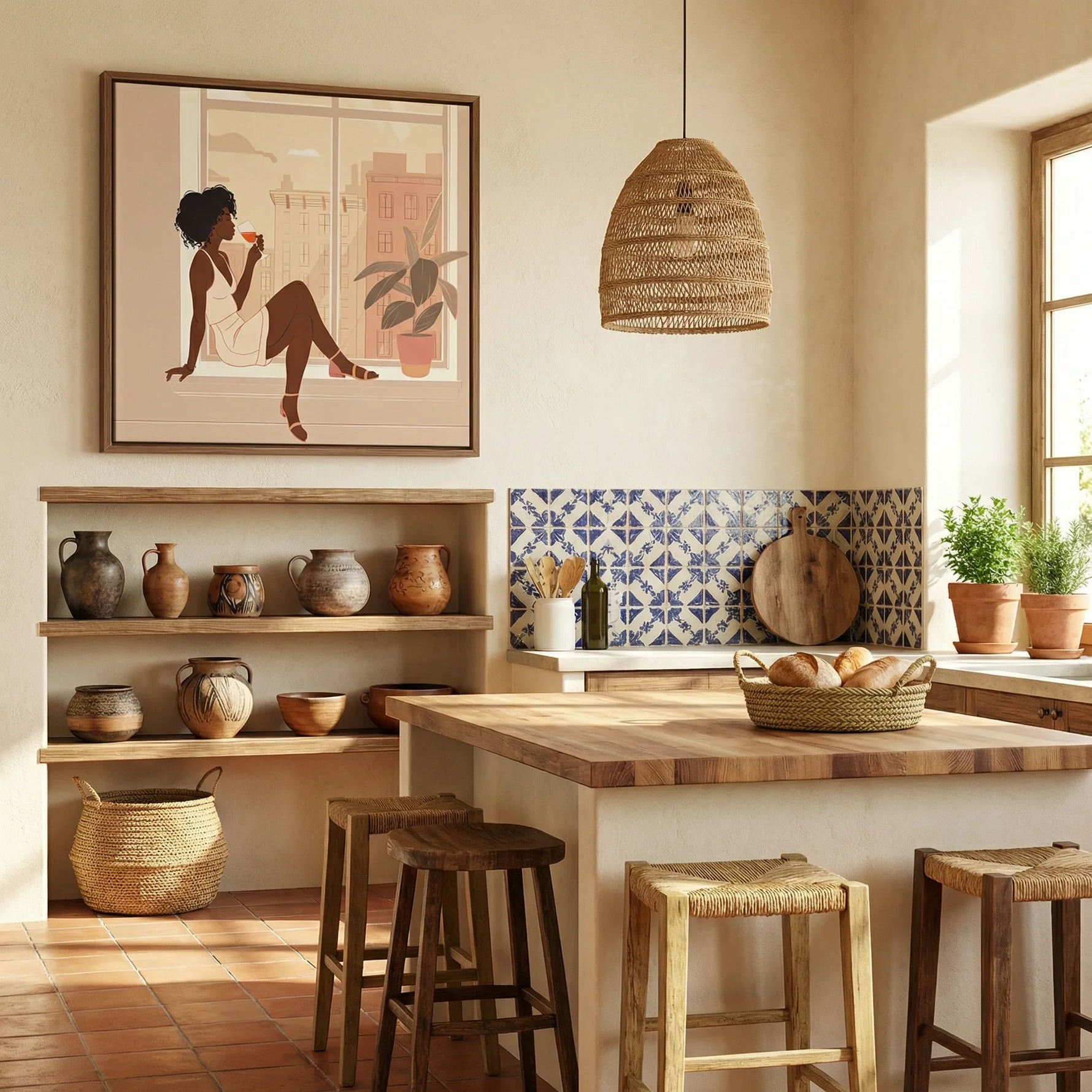 Afrohemian home decor wall art in kitchen with Boho kitchen with blue Talavera tiles wood shelves terracotta pottery. Digital mockup.