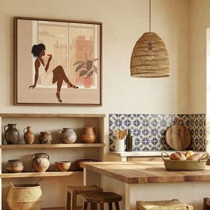 African American kitchen canvas in Mediterranean kitchen with woven basket pendant and patterned tile, Black woman wine. Digital mockup.