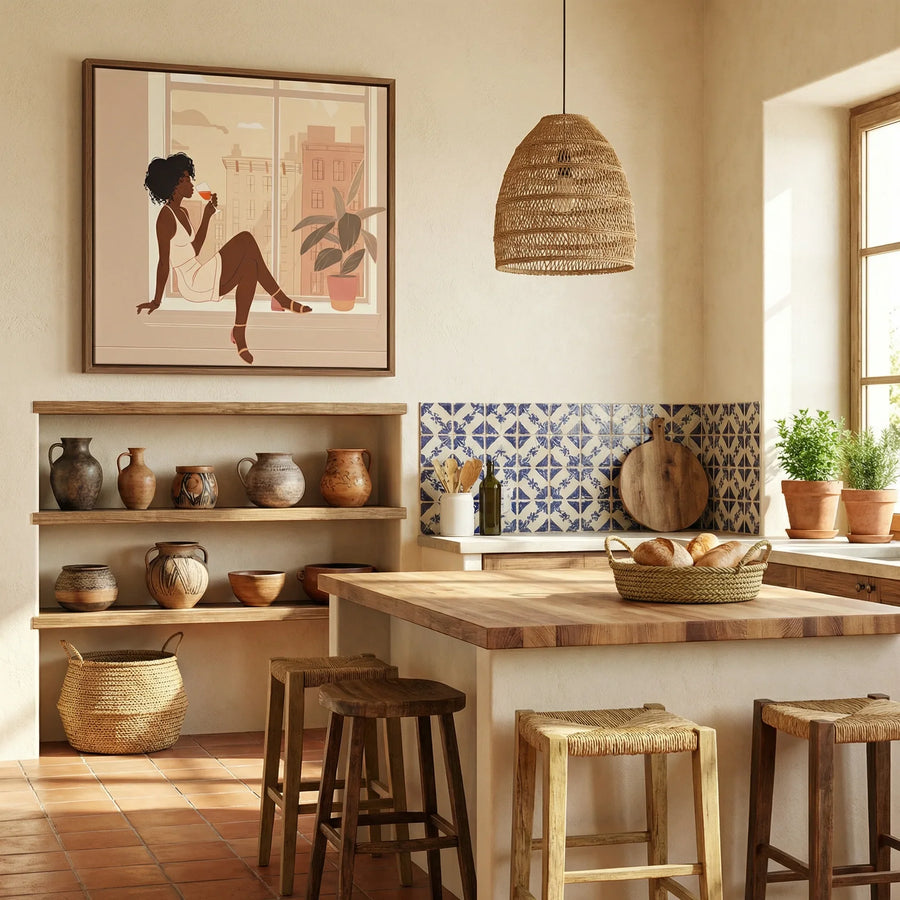 Afrohemian home decor wall art in kitchen with Boho kitchen with blue Talavera tiles wood shelves terracotta pottery. Digital mockup.