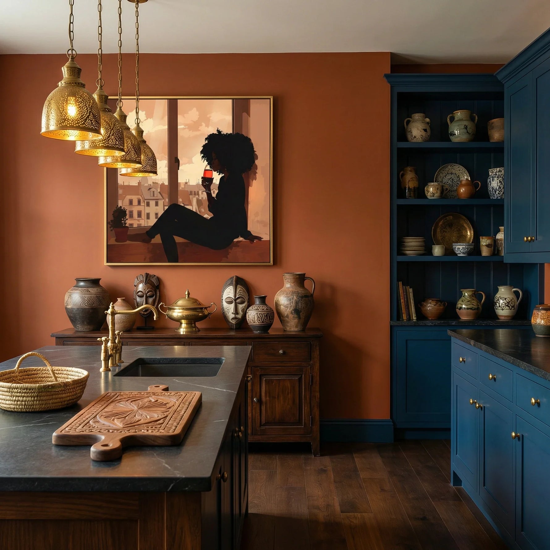 Modern Black art in kitchen with dramatic kitchen terracotta walls navy cabinets black counters Moroccan. Digital mockup.