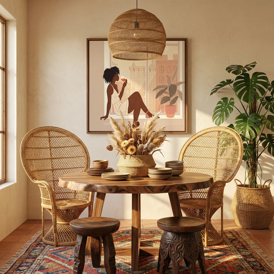 Afrocentric in dining room with Boho dining with peacock rattan chairs round live edge table pampas. Digital mockup.