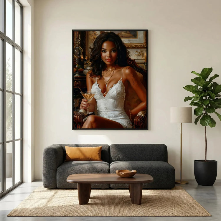 Confident Black woman art detail crop, glamorous Black woman in white slip dress with martini glass baroque background. Digital mockup.