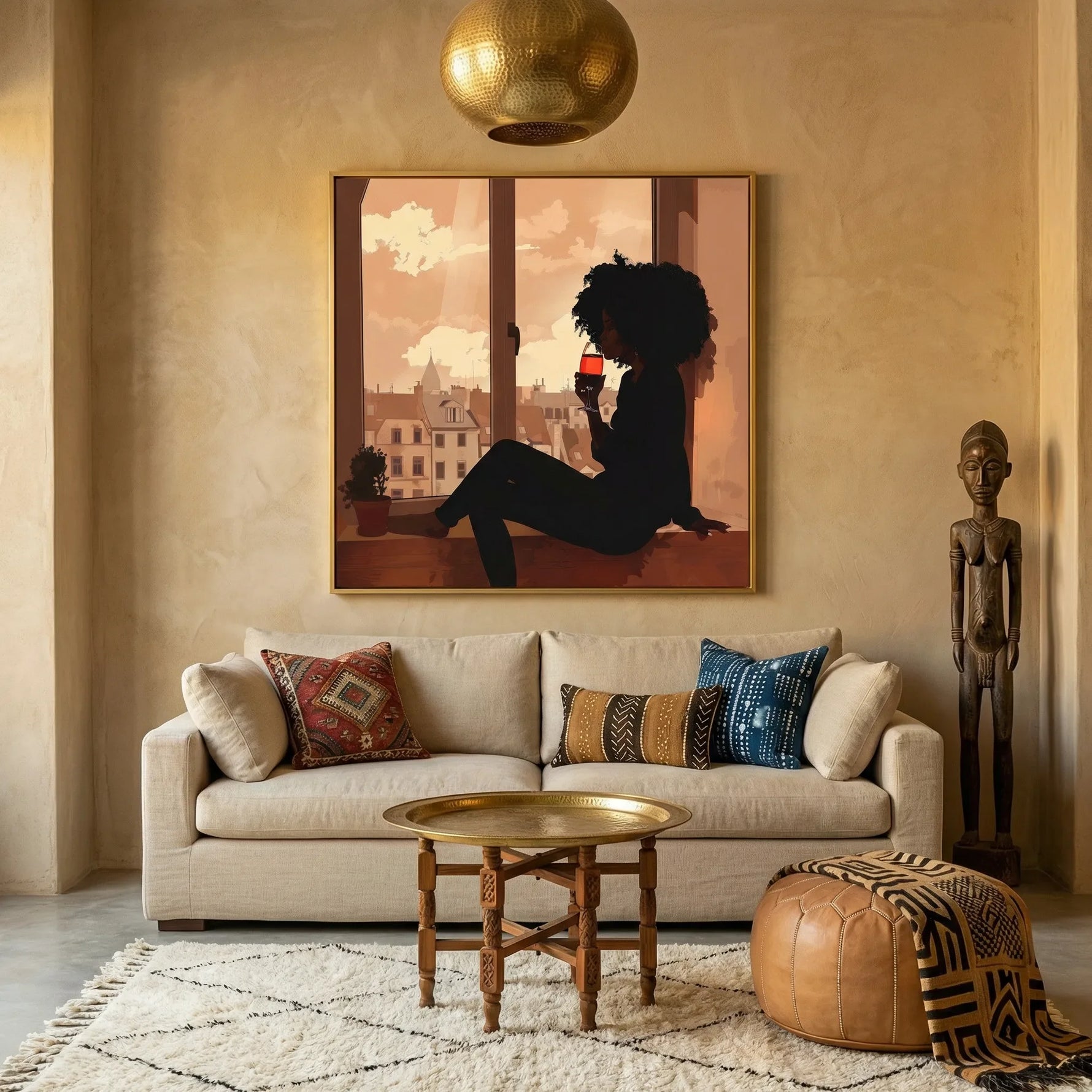 Afrocentric in living room with Moroccan living room with brass tray table and woman drinking wine. Digital mockup.