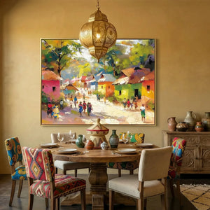 African American dining room art in mustard Moroccan dining with carved chairs, colorful African village impressionist. Digital mockup.