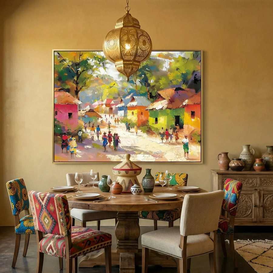 African American dining room art in mustard Moroccan dining with carved chairs, colorful African village impressionist. Digital mockup.