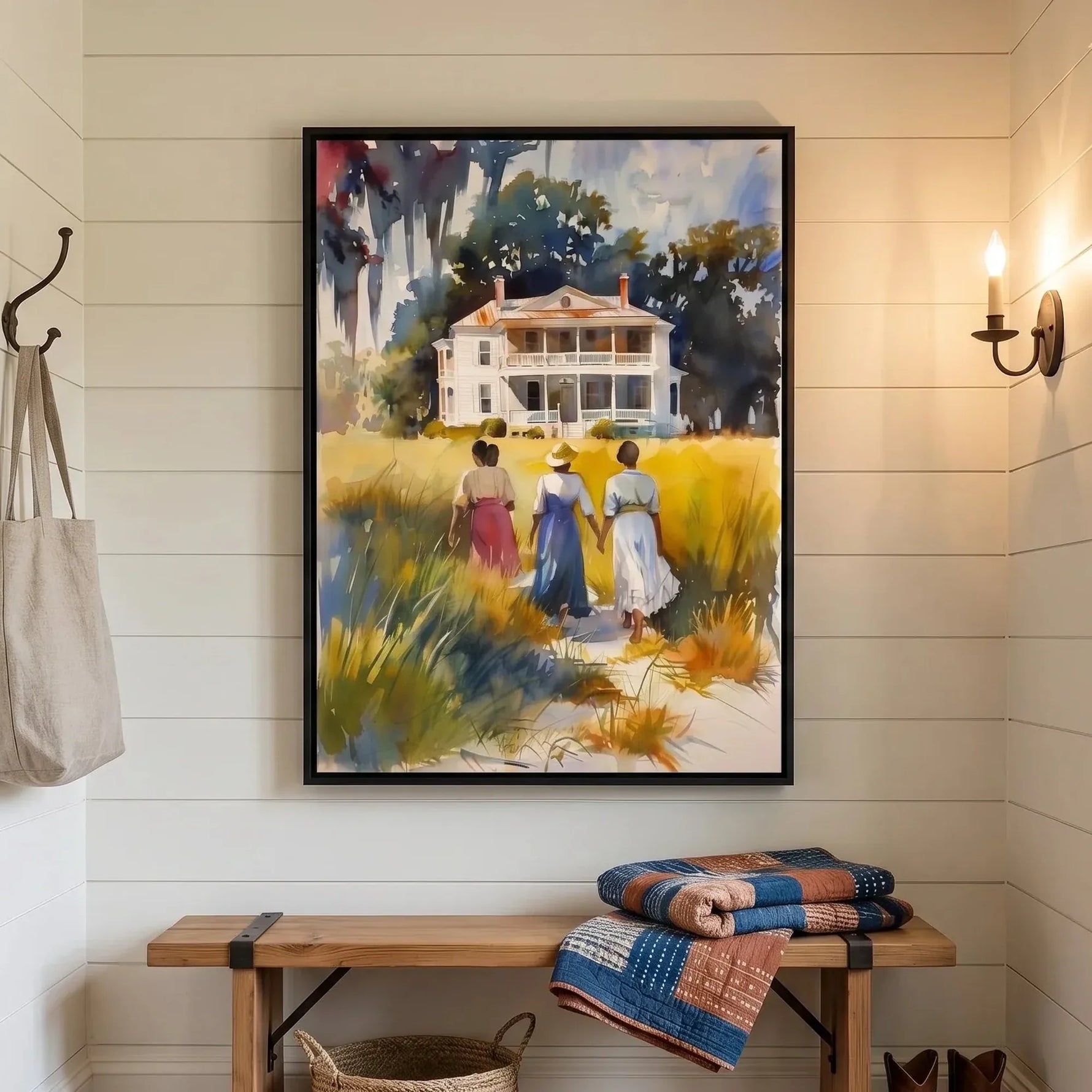Gullah Geechee art in shiplap mudroom with patchwork quilt and woven basket, three Black women walking watercolor. Digital mockup.