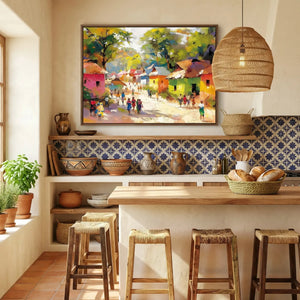 African American kitchen canvas in Mediterranean kitchen with blue Spanish tile and basket pendant, colorful African village. Digital mockup.