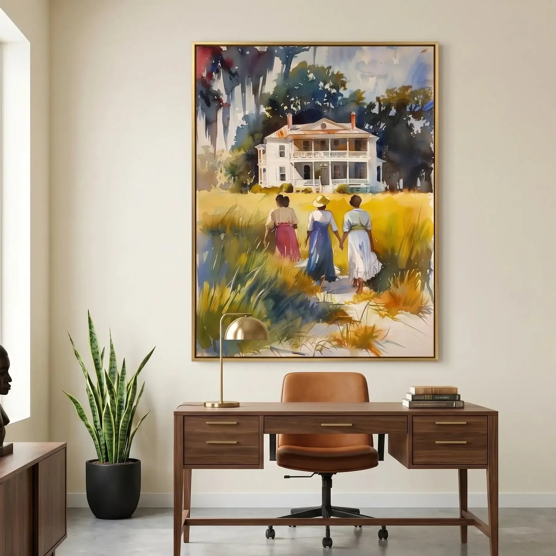 Lowcountry art in modern home office with walnut desk and brass lamp, three Black women walking watercolor. Digital mockup.