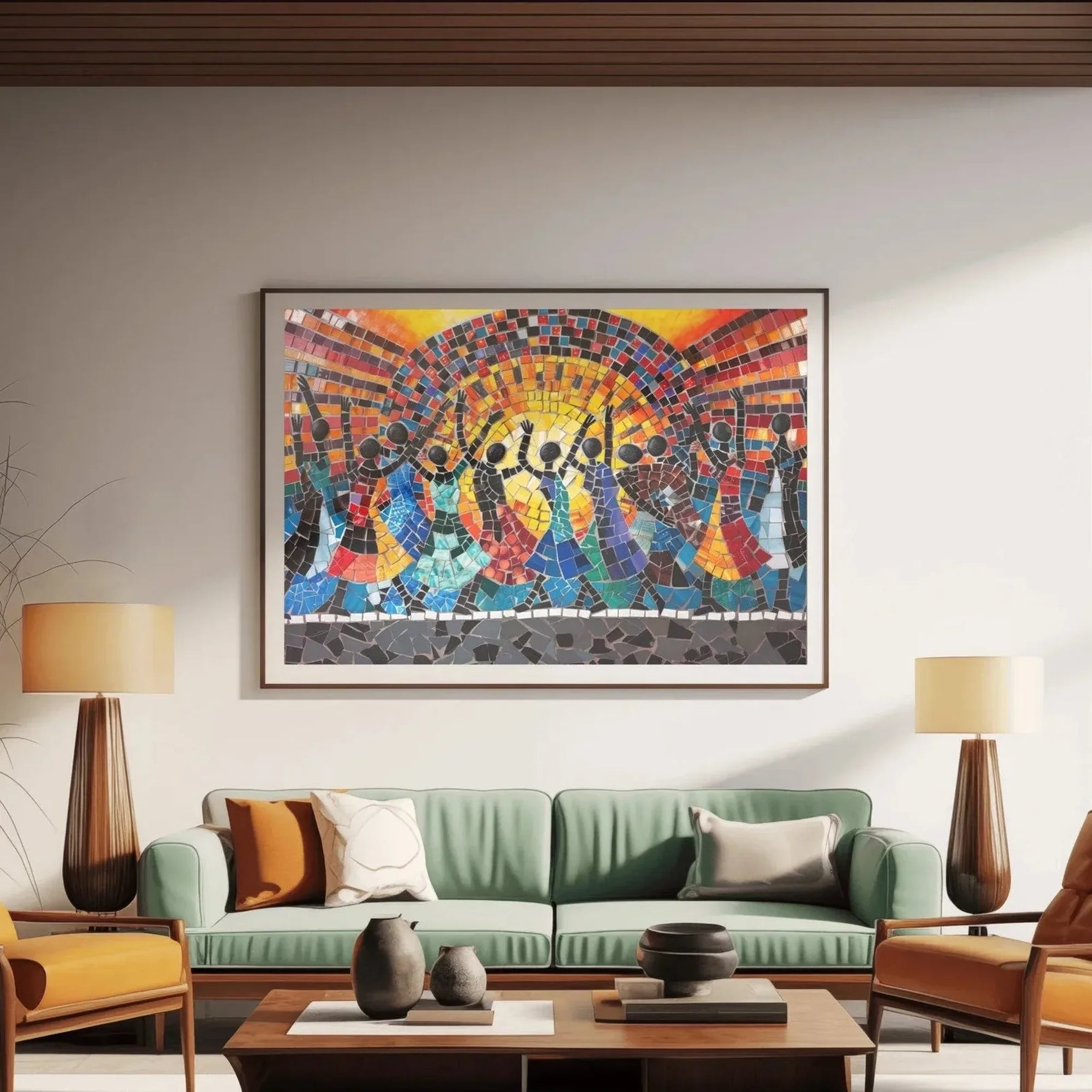 Modern Afro art for office in mid-century living room with sage sofa and orange chairs, mosaic African dancers art. Digital mockup.