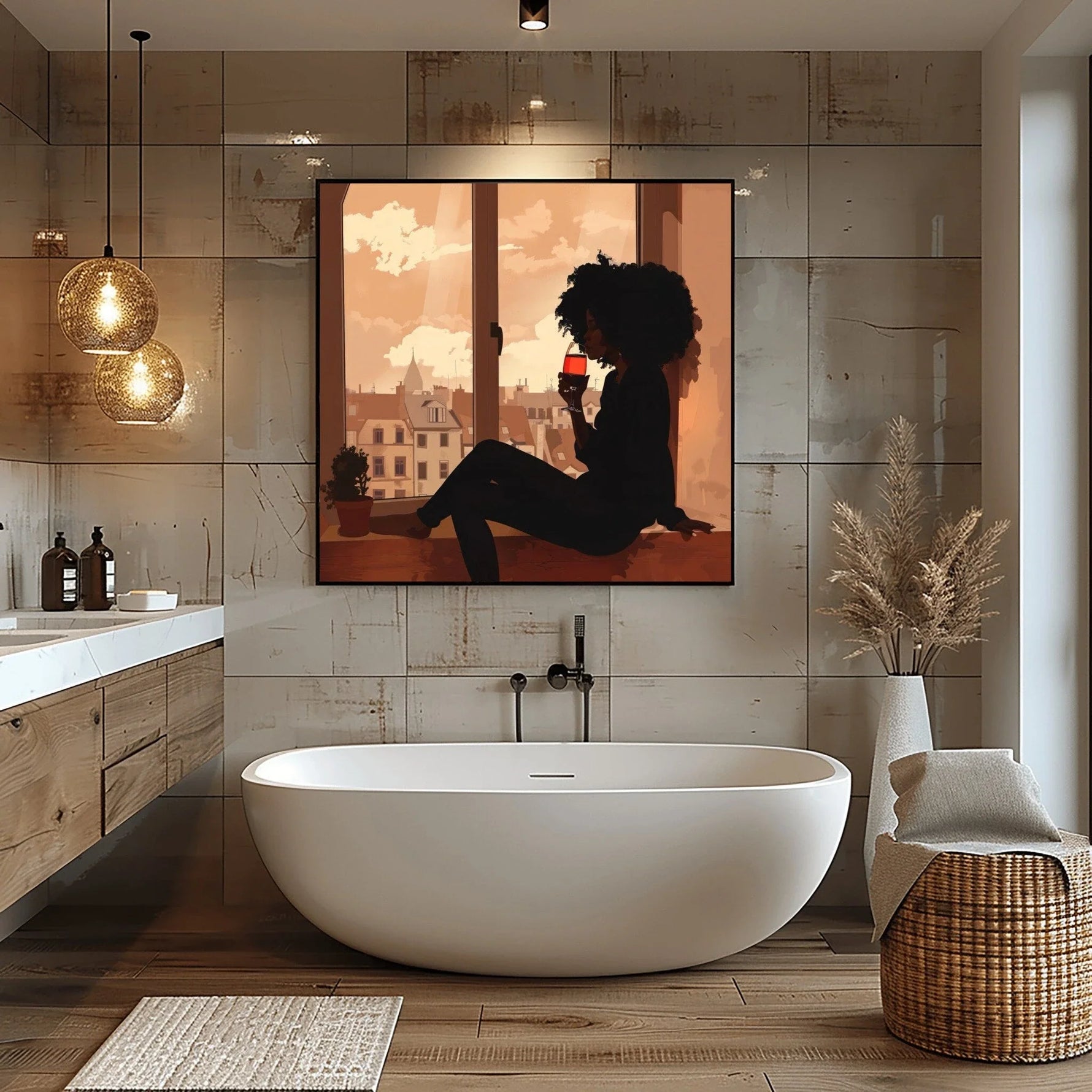 Black woman canvas wall art in bathroom with spa bathroom, freestanding tub, stone tiles, wicker basket, pampas vase. Digital mockup.