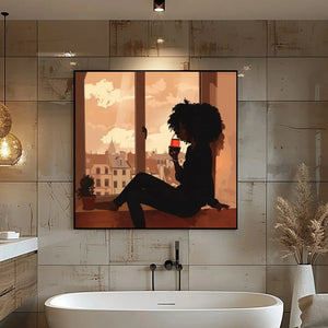 Black art for bathroom in modern industrial space with brass pendants and freestanding tub, Black woman wine art. Digital mockup.