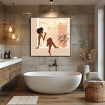 Afro boho in bathroom with Luxe spa bathroom freestanding soaking tub metallic tile wall pendant lights. Digital mockup.