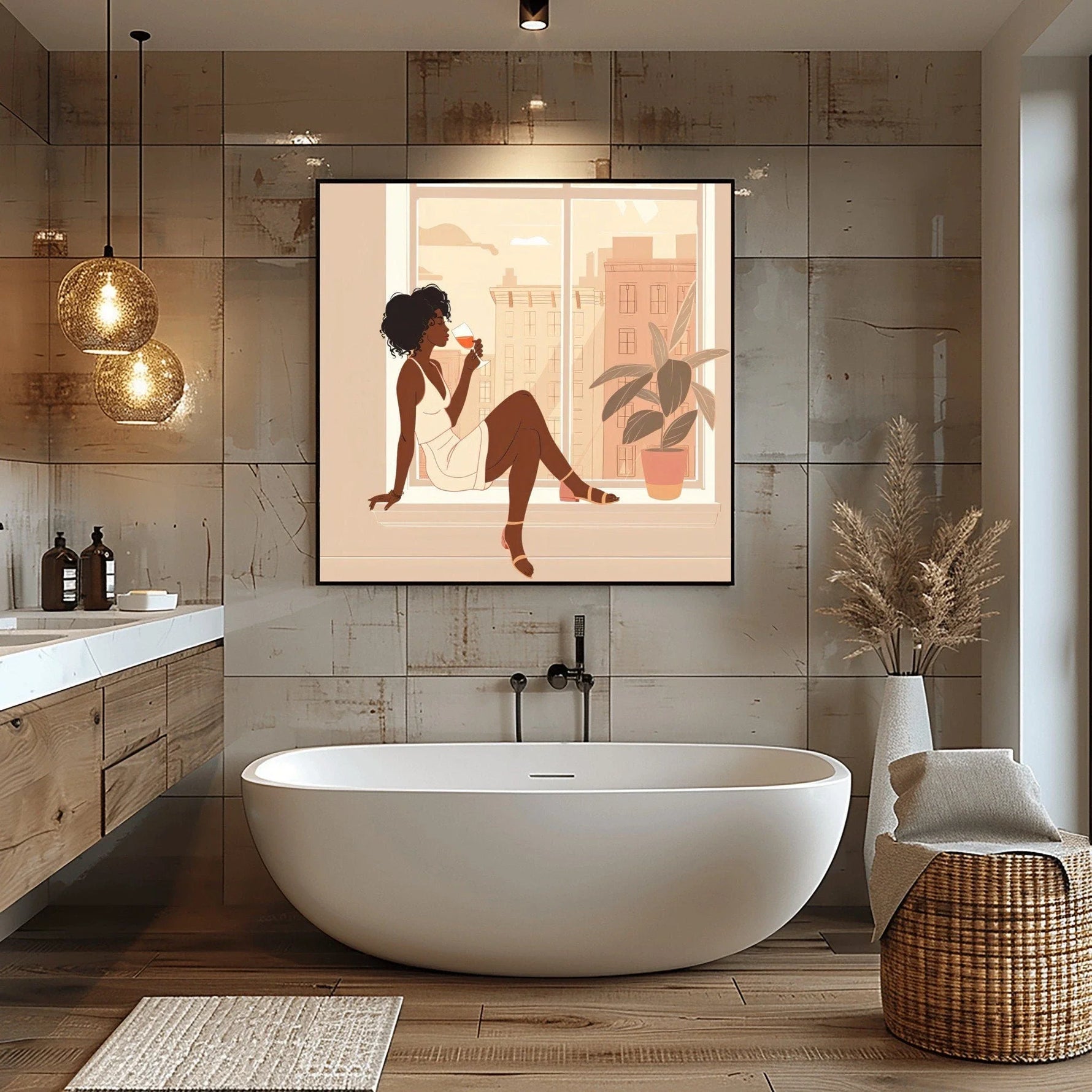 Afro boho in bathroom with Luxe spa bathroom freestanding soaking tub metallic tile wall pendant lights. Digital mockup.