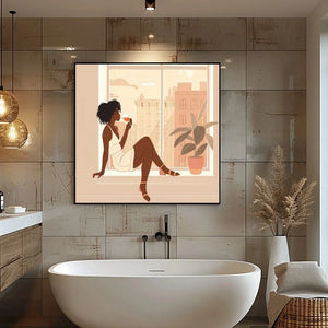 African American bathroom art canvas in industrial bathroom with brass pendants and freestanding tub, Black woman wine. Digital mockup.