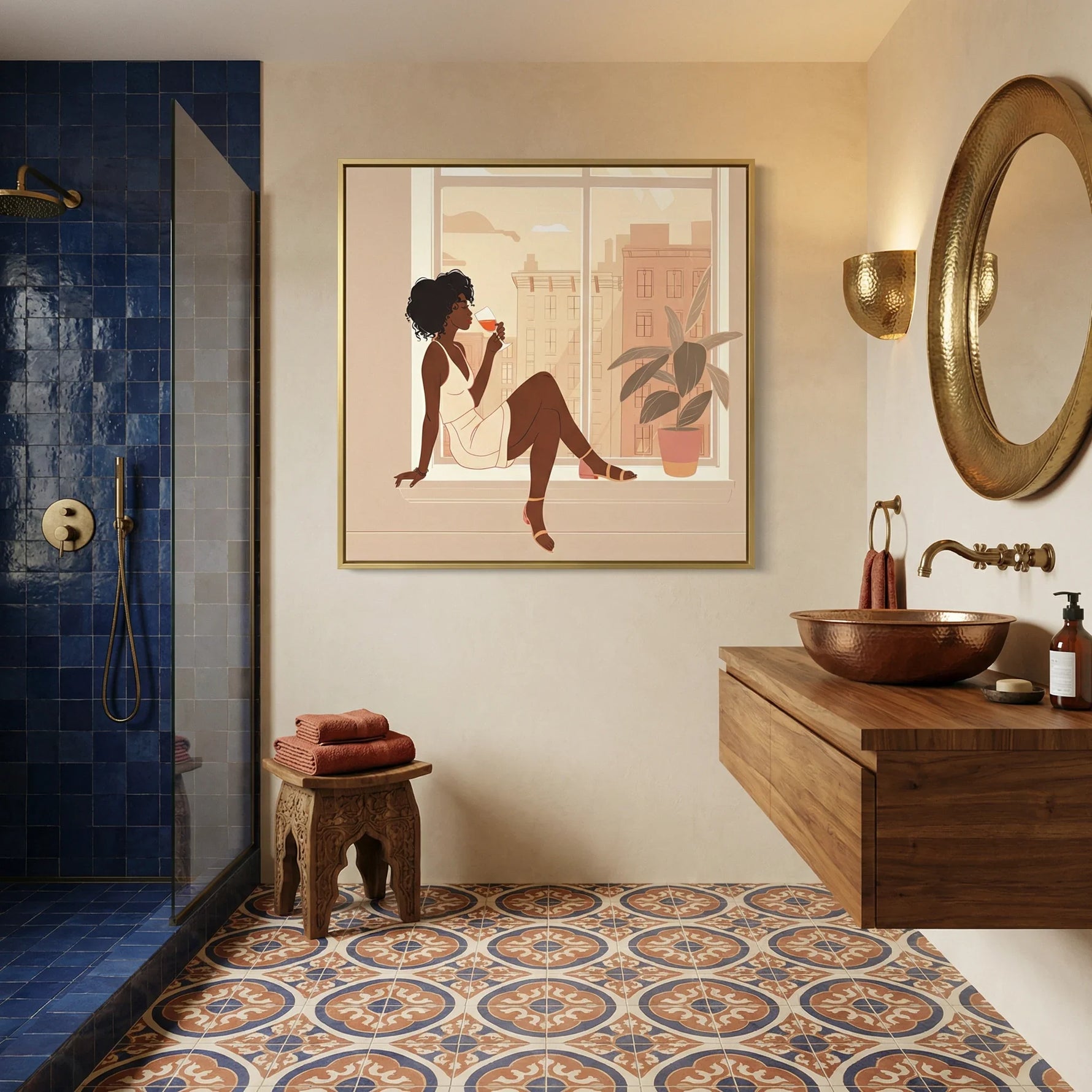 Black woman canvas wall art in bathroom with Moroccan style bathroom with navy tile shower, copper vessel sink, patterned. Digital mockup.