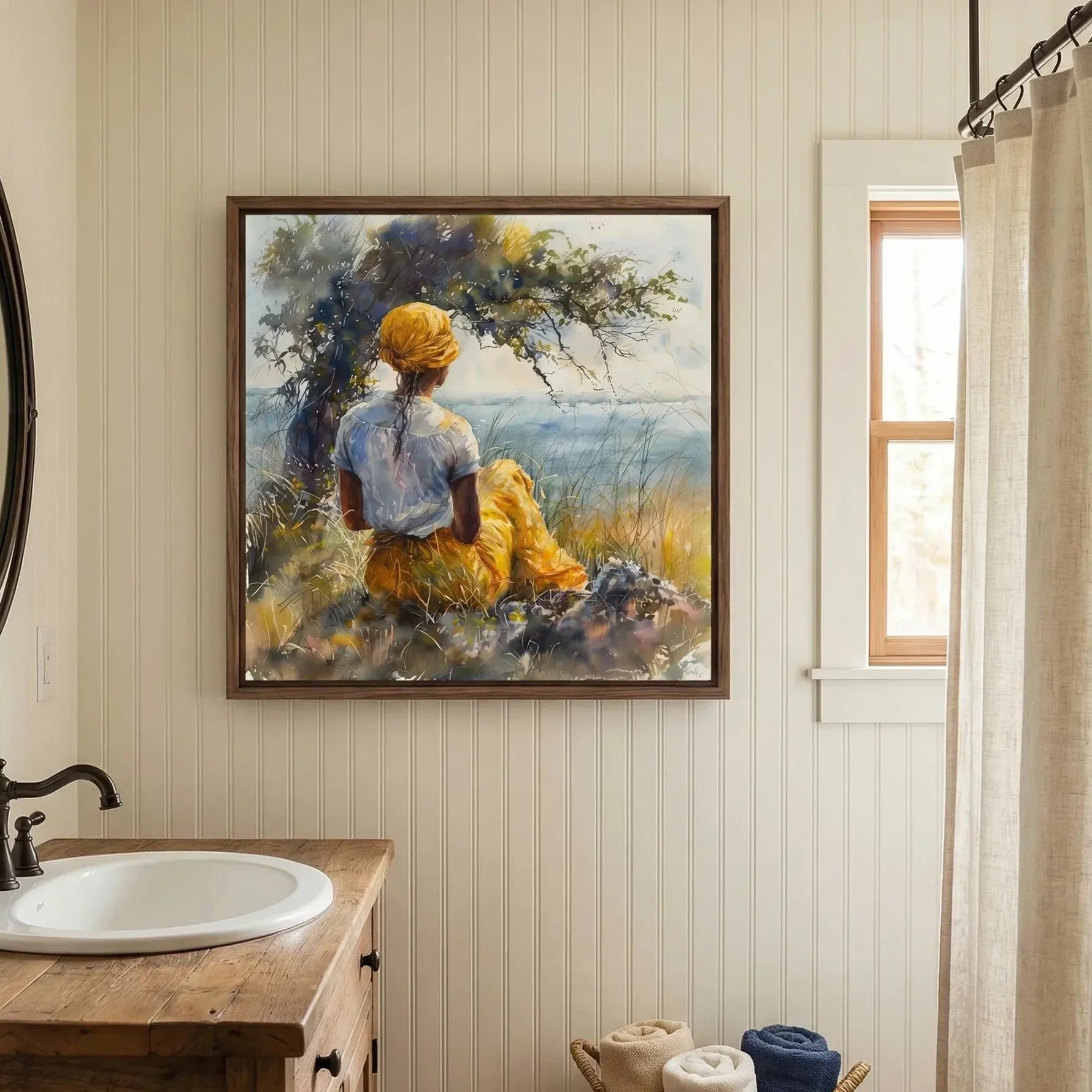 Gullah Geechee art in farmhouse bathroom with beadboard and oval mirror, watercolor Black woman by marsh tree. Digital mockup.