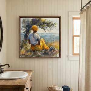 Gullah Geechee art in farmhouse bathroom with beadboard and oval mirror, watercolor Black woman by marsh tree. Digital mockup.