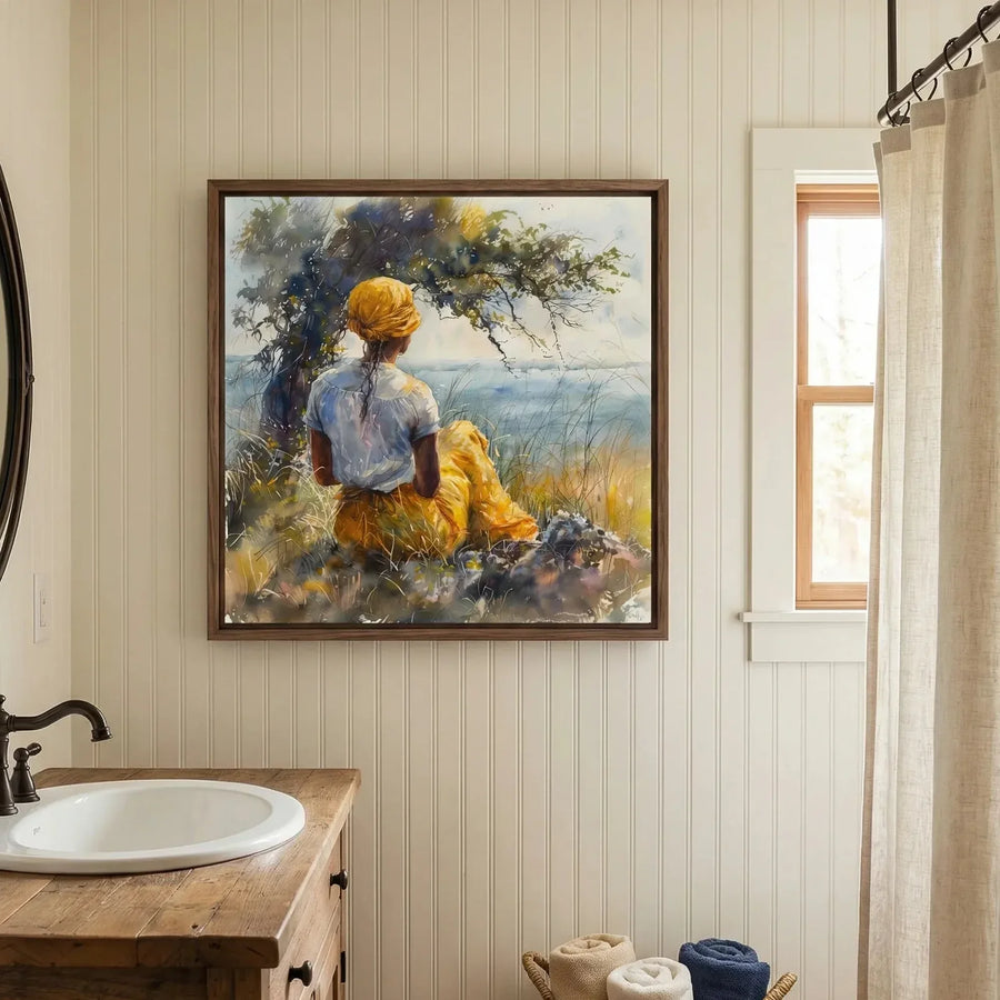 Gullah Geechee art in farmhouse bathroom with beadboard and oval mirror, watercolor Black woman by marsh tree. Digital mockup.