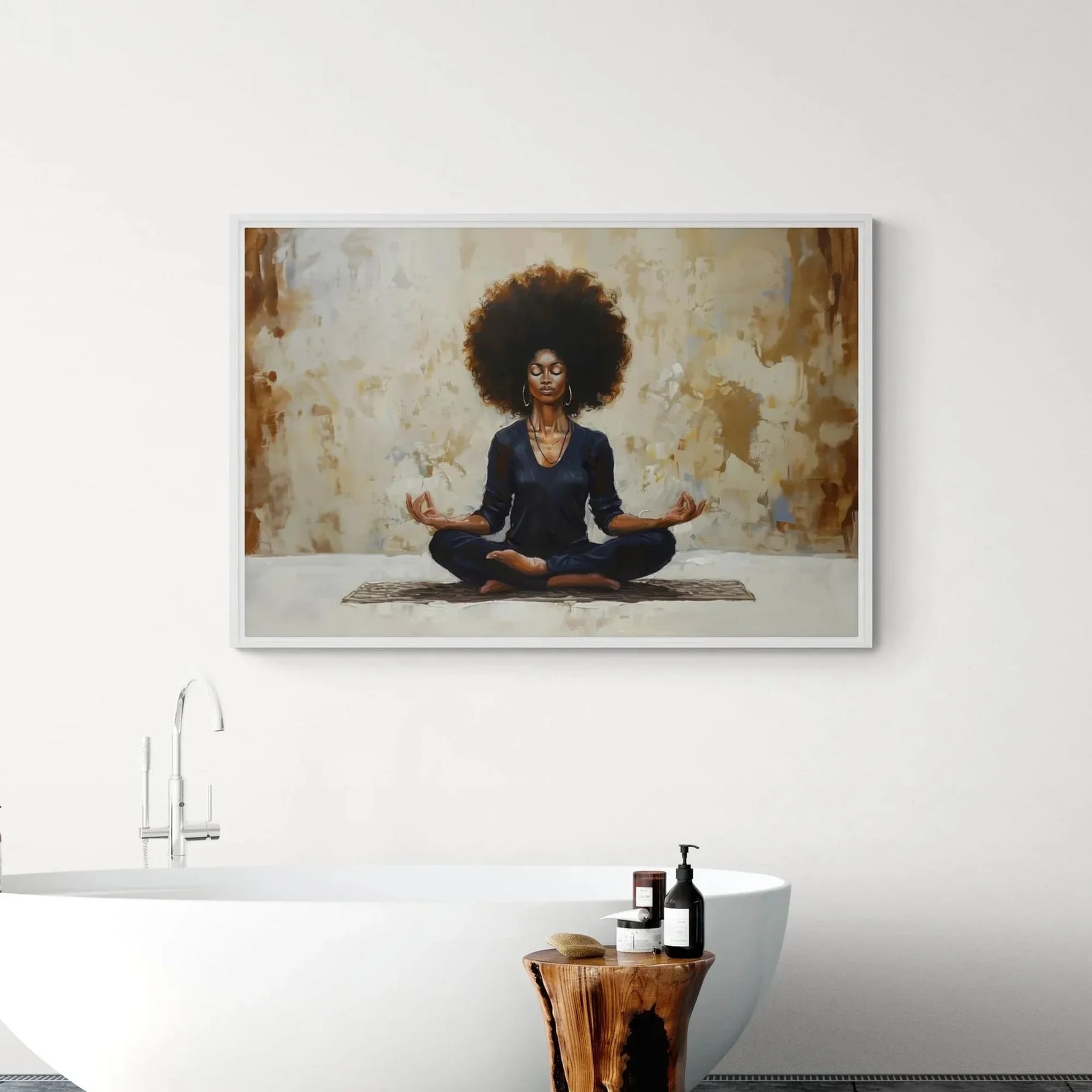 Coastal calm Afrocentric decor in Mediterranean bathroom with brass vessel sink and woven baskets, Black woman meditating. Digital mockup.
