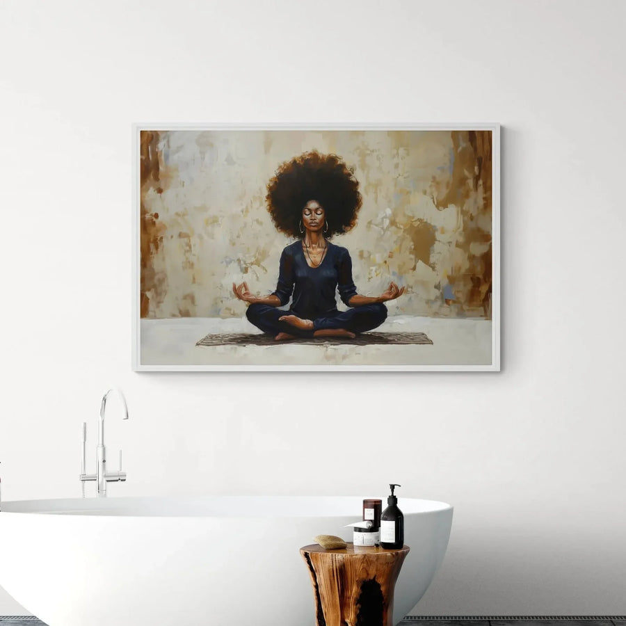Coastal calm Afrocentric decor in Mediterranean bathroom with brass vessel sink and woven baskets, Black woman meditating. Digital mockup.