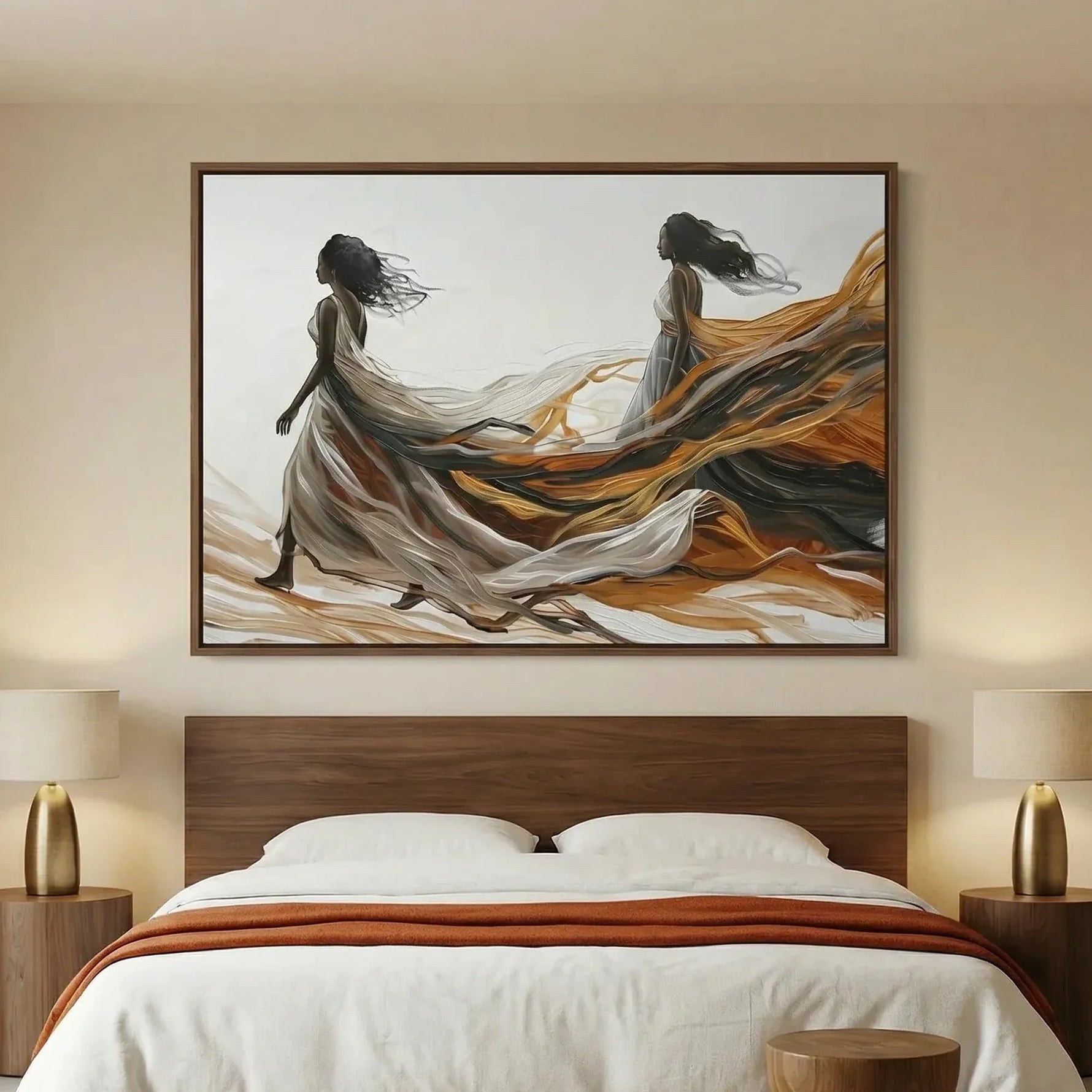African American art for bedroom in modern bedroom with walnut platform bed, abstract two Black women walking free. Digital mockup.