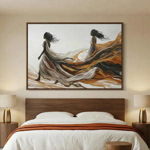 African American art for bedroom in modern bedroom with walnut platform bed, abstract two Black women walking free. Digital mockup.