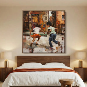African American art for bedroom in modern bedroom with walnut platform bed and brass lamps, Black children running urban. Digital mockup.