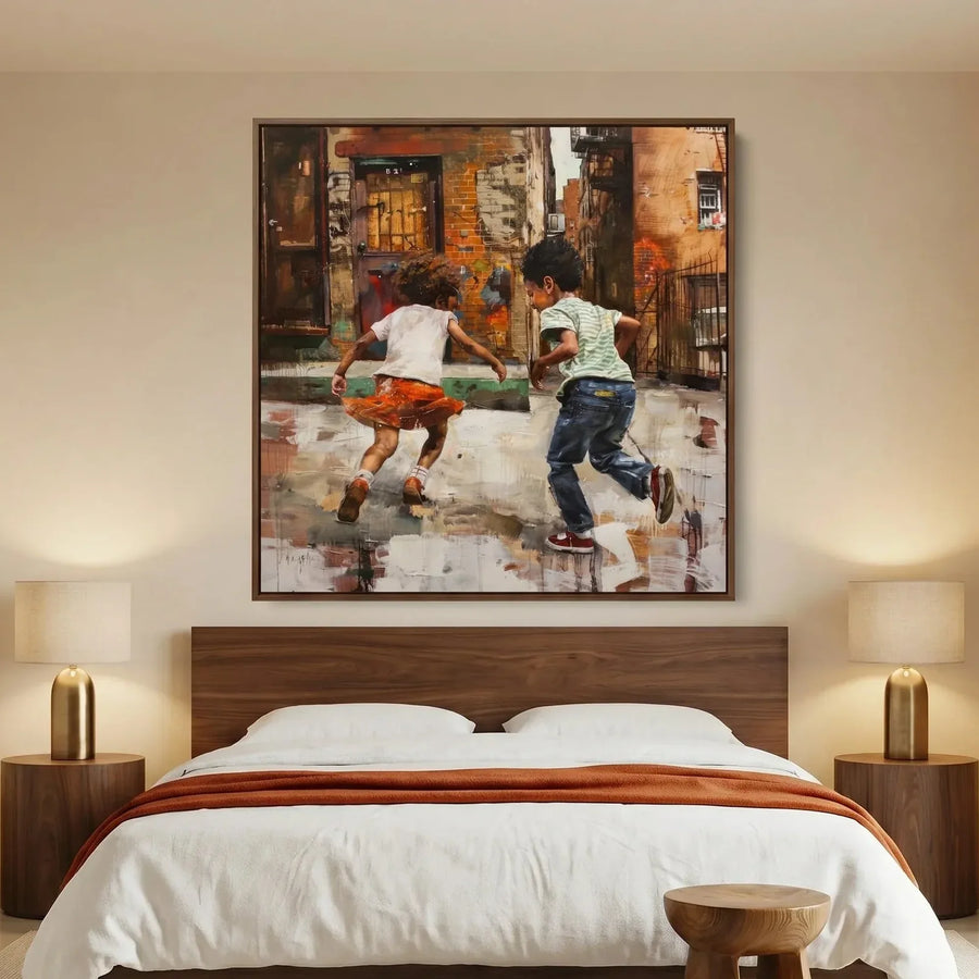 African American art for bedroom in modern bedroom with walnut platform bed and brass lamps, Black children running urban. Digital mockup.